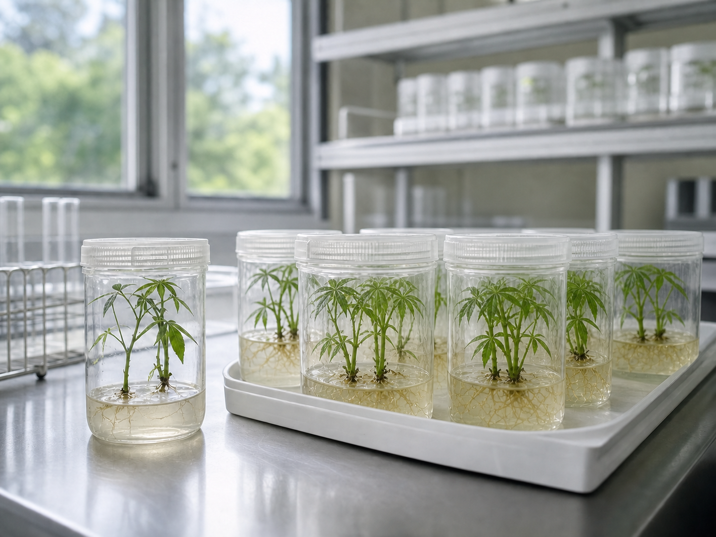 Mudas de mandioca cultivadas in vitro em laboratório