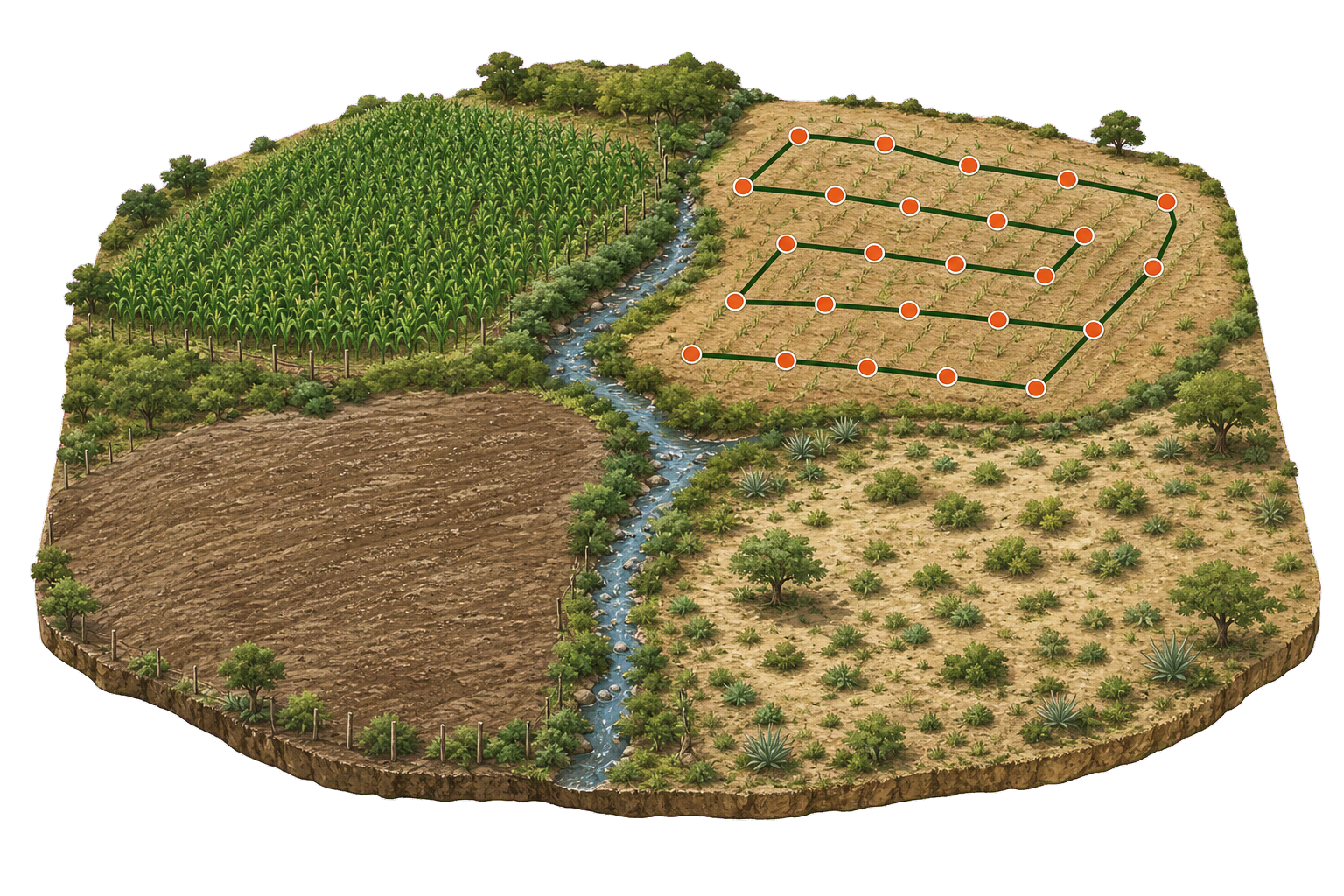 Ilustração de uma gleba percorrida em zigue-zague, com pontos distribuídos para coleta de solo