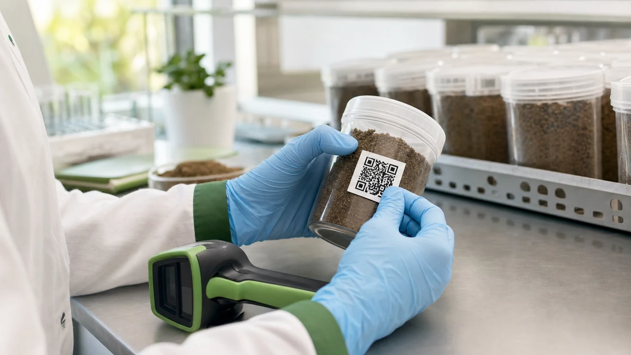 Amostra de solo recebendo identificação por QR no laboratório