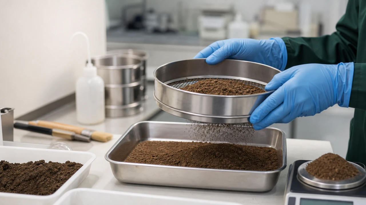 Amostra de solo sendo peneirada e preparada no laboratório